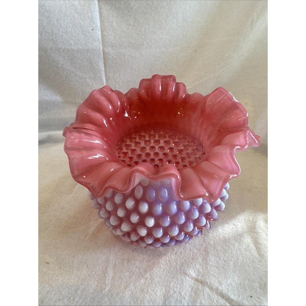 FENTON Hobnail Opalescent Ruffled Crimp Cranberry‎ Art Glass Rose Bowl Vase 5x6"